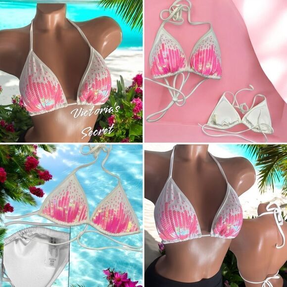 Victoria’s Secret l White w/ Pink Sequins l Triangle Bikini Top l Small l EUC - Picture 9 of 11